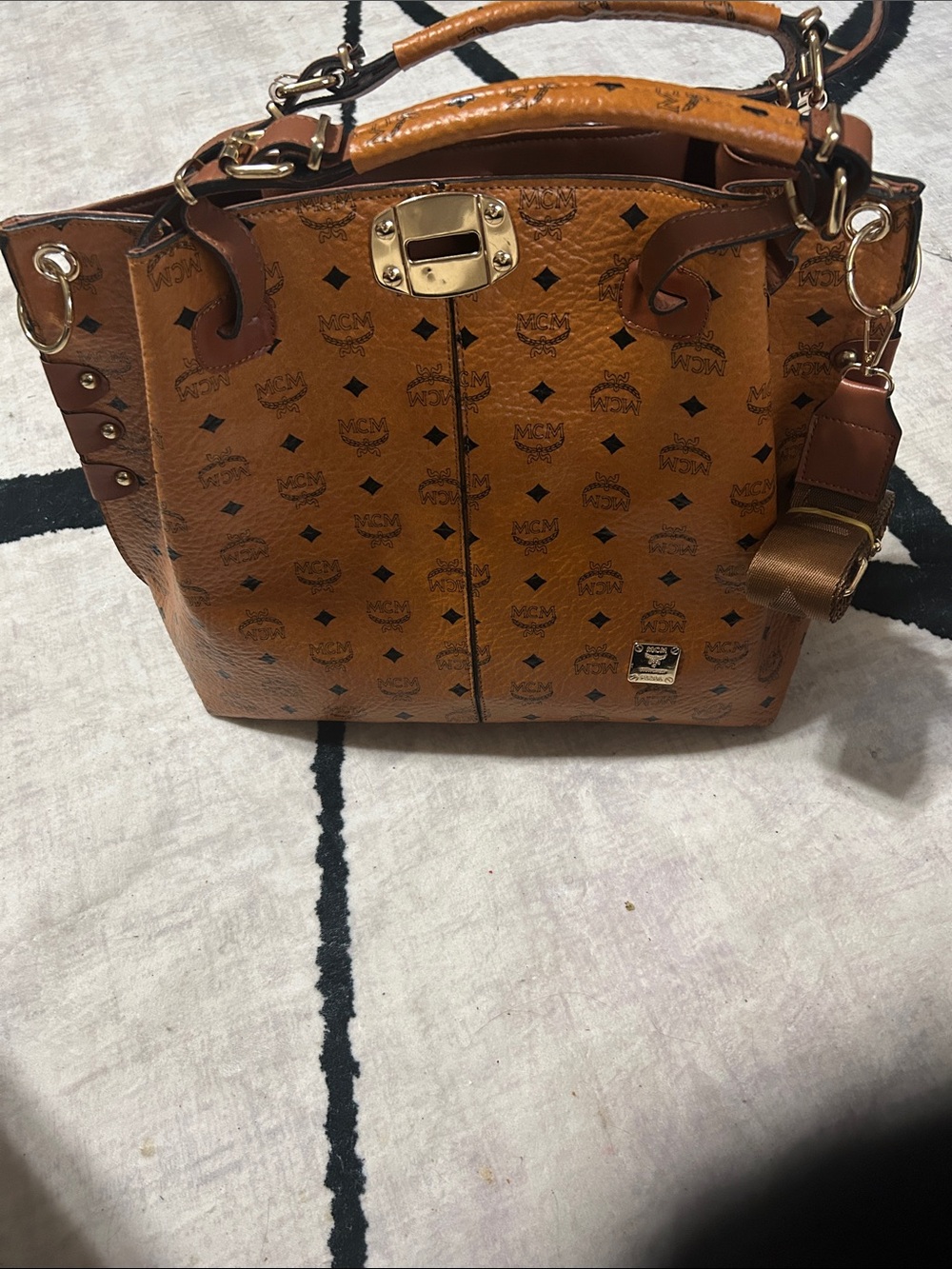 MCM Cognac Monogram Tote with Gold Hardware - Picture 2 of 4